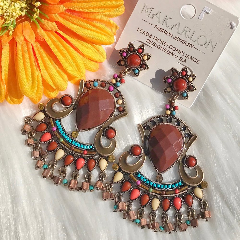 Boho Earrings Mixed Bead Goldtone Dangle Posts NWT